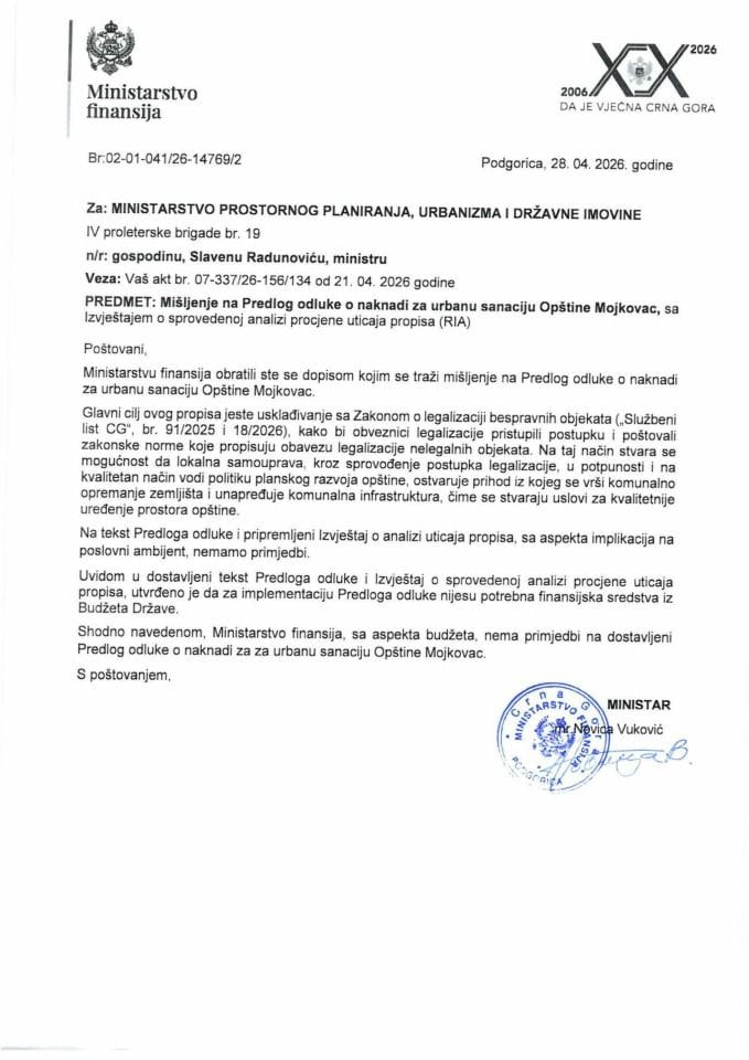 Mišljenje na Predlog odluke o naknadi za urbanu sanaciju opštine Mojkovac