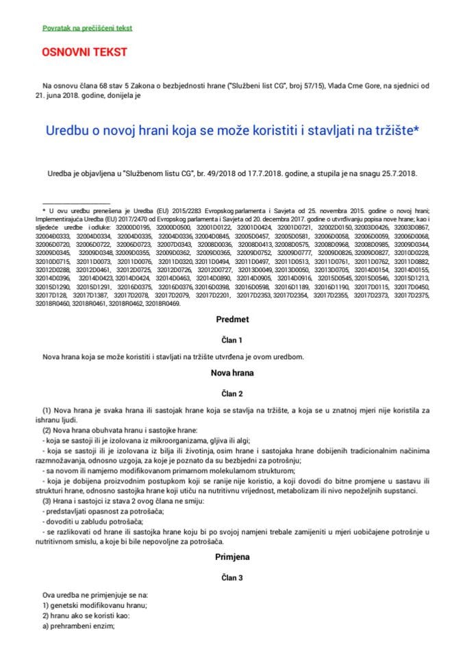 Uredba o izmjeni Uredbe o novoj hrani koja se može koristiti i stavljati na tržište