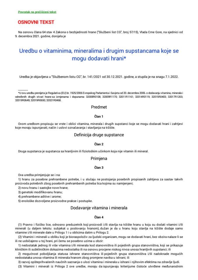 Uredba o izmjeni Uredbe o vitaminima, mineralima i drugim supstancama koje se mogu dodavati hrani