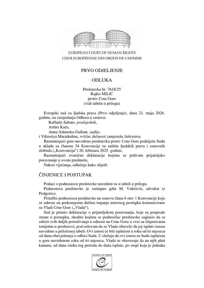 Presuda MILIĆ protiv Crne Gore