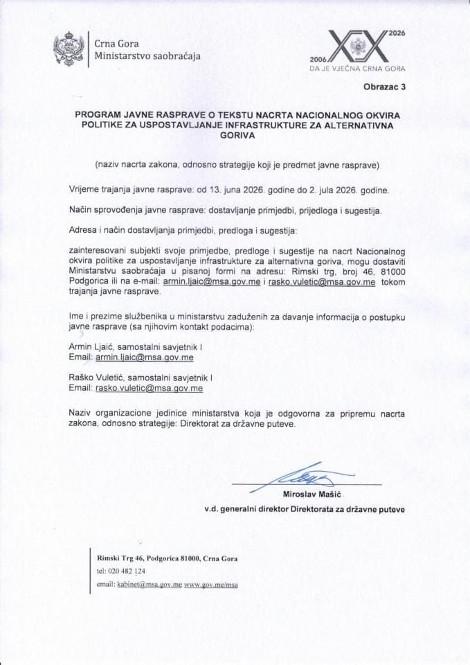 Program javne rasprave o Nacrtu Nacionalnog okvira politike za uspostavljanje infrastrukture za alternativna goriva