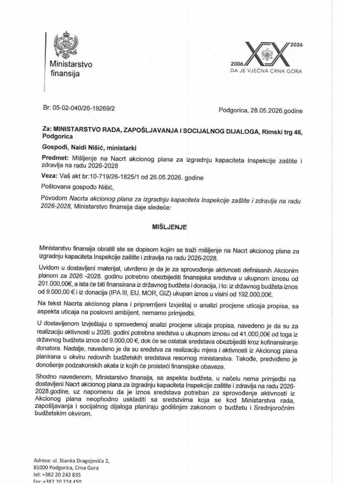 Mišljenje na Predlog akcionog plana za izgradnju kapaciteta inspekcije zaštite i zdravlja na radu 2026-2028