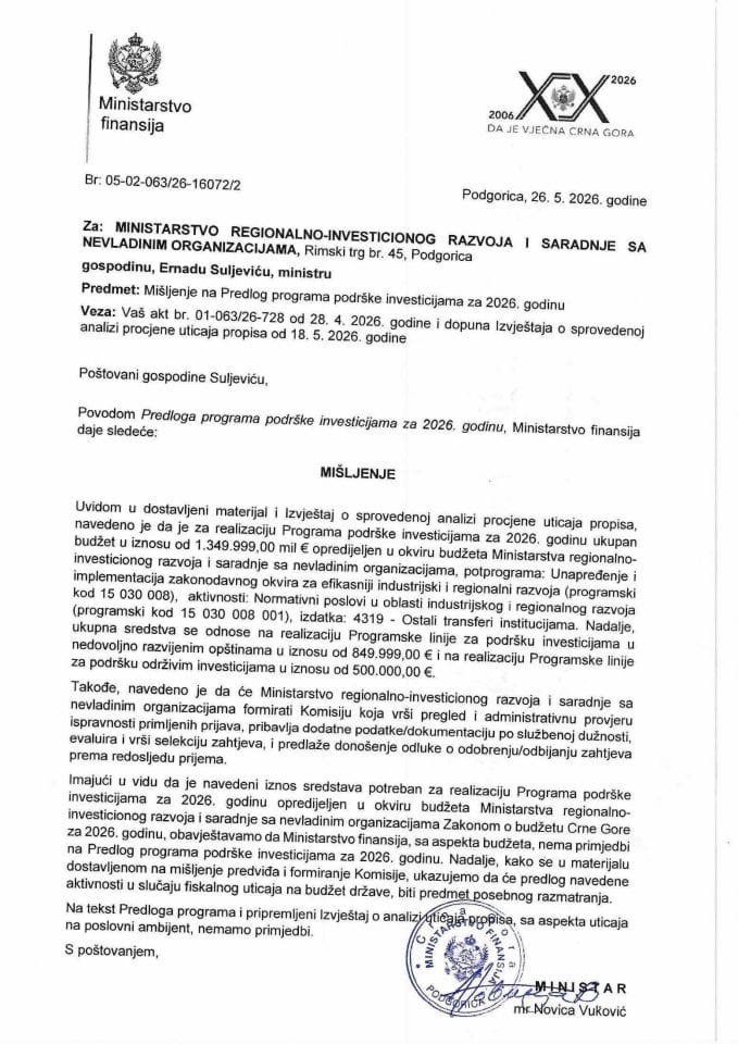 Mišljenje na Predlog programa podrške investicijama za 2026. godinu