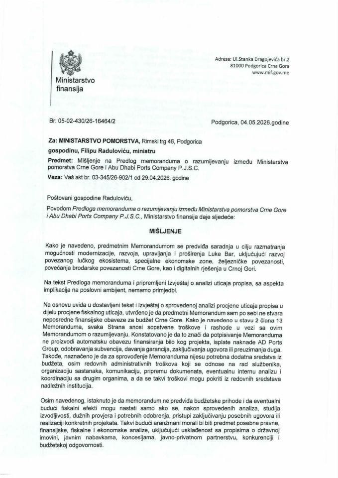 Mišljenje na Predlog memoranduma o razumijevanju između Abu Dhabi Ports Company P.J.S.C. i Ministarstva pomorstva Crne Gore