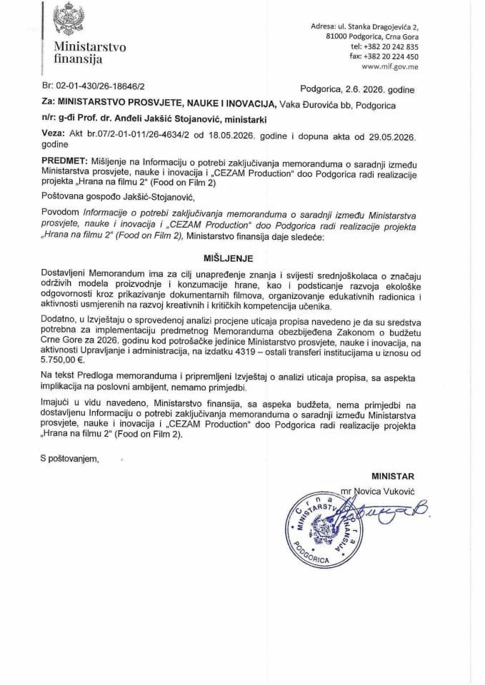 Mišljenje na Informaciju o potrebi zaključivanja memoranduma o saradnji između MPNI i CEZAM Production doo Podgorica