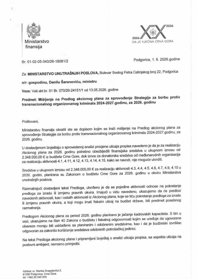 Mišljenje na Predlog akcionog plana za sprovođenje Strategije za borbu protiv transnac org kriminala za period 2024-2022, za 2025 godinu
