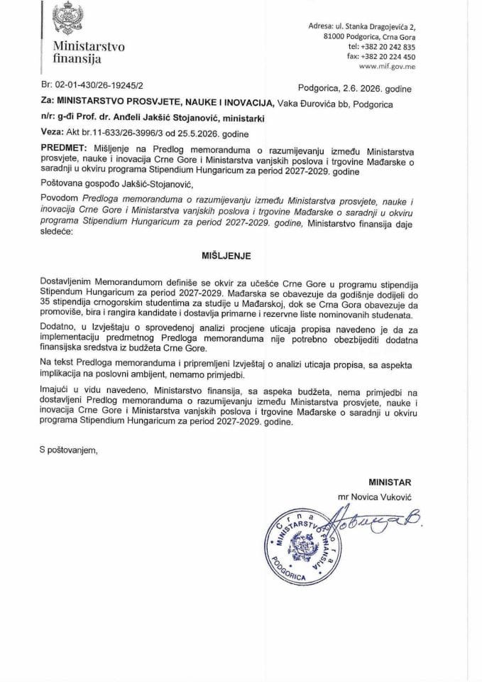 Mišljenje na Predlog memoranduma o razumijevanju između MPNI Crne Gore i MVP i trgovine Mađarske o saradnji u okviru programa