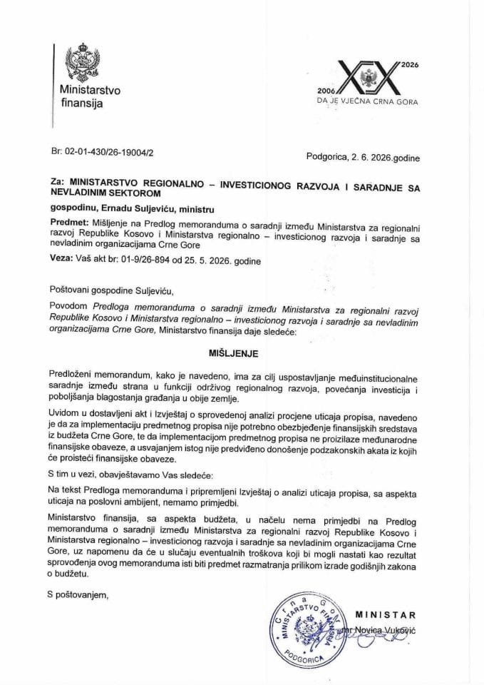 Mišljenje na Predlog memoranduma o saradnji između MRR Kosovo i MRIR i saradnje sa NVO Crne Gore