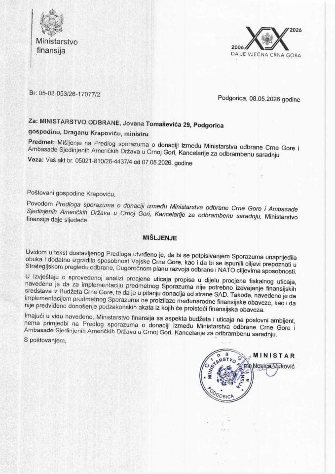 Mišljenje na Predlog sporazuma o donaciji između Ministarstva odbrane Crne Gore i Sjedinjenih Američkih Država u Crnoj Gori