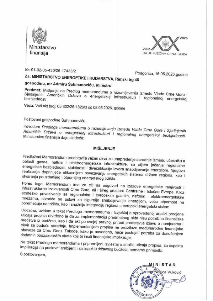 Mišljenje na Predlog memoranduma o razumijevanju između VCG i SAD o energetskoj infrastrukturi i regionalnoj energetskoj bezbjednosti
