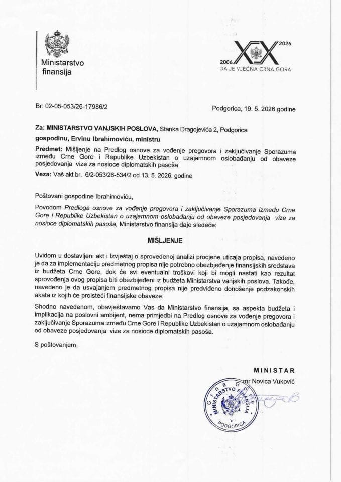 Mišljenje na Predlog osnove za vođenje pregovora i zaključivanje Sporazuma između CG i  Uzbekistana o uzajamnom oslobađanju od posj. vize