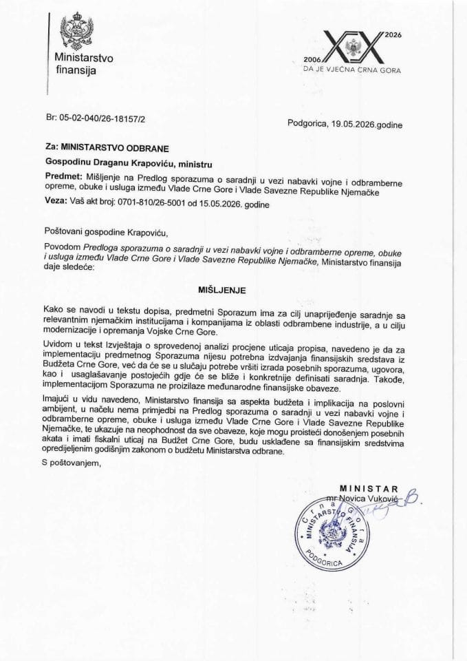 Mišljenje na predlog sporazuma o saradnji u vezi nabavki vojne i odbrambene opreme, obuke i usluga između VCG i Vlade SR Njemačke