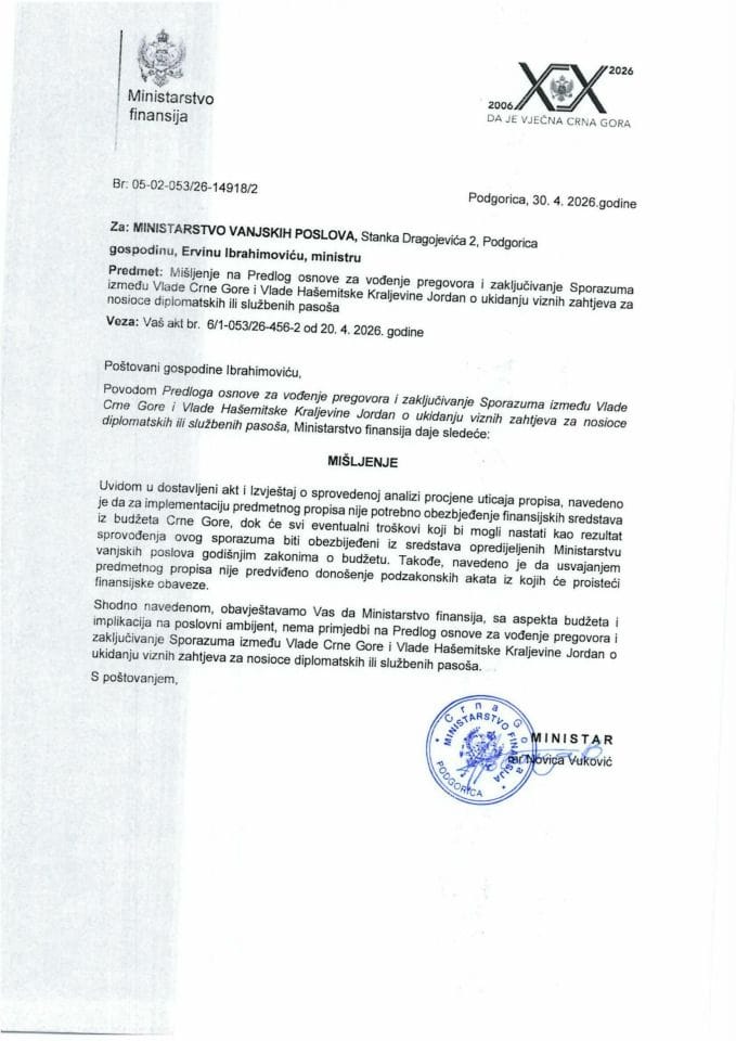 Mišljenje na Predlog osnove za vođenje pregovora i zaključivanje Sporazuma između Vlade Crne Gore i Vlade Hašemitske Kraljevine Jordan o ukidanju viznih zahtjeva