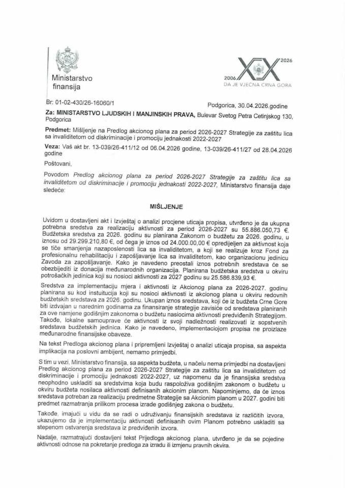 Predlog akcionog plana za period 2026-2027 Strategije za zaštitu lica sa invaliditetom od diskriminacije i promociju jednakosti 2022-2027