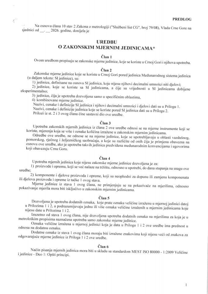 Predlog uredbe o zakonskim mjernim jedinicama