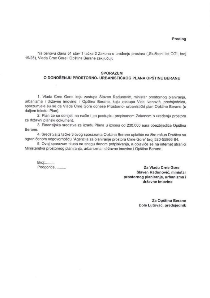 Informacija o Sporazumu o donošenju Prostorno-urbanističkog plana Opštine Berane