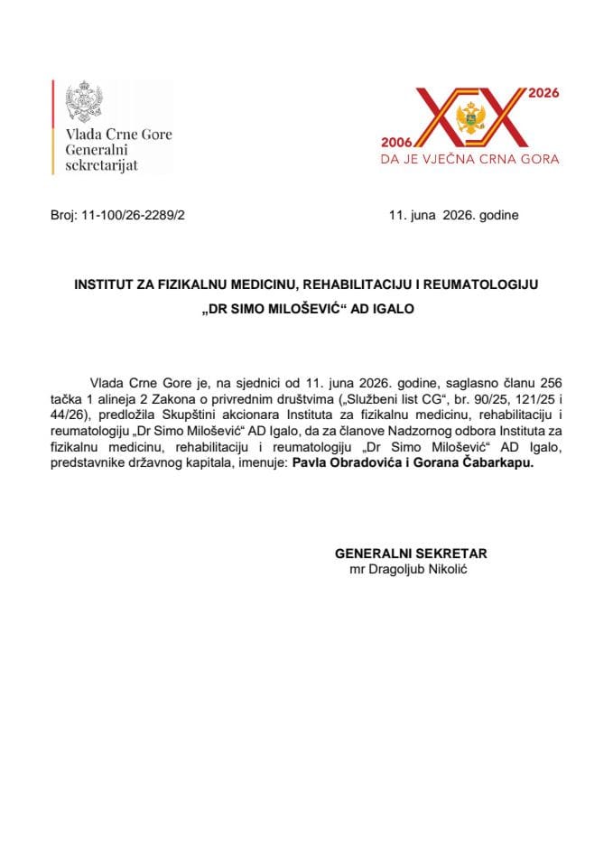 Predlog za imenovanje članova Nadzornog odbora Instituta za fizikalnu medicinu, rehabilitaciju i reumatologiju „Dr Simo Milošević“ a.d. Igalo