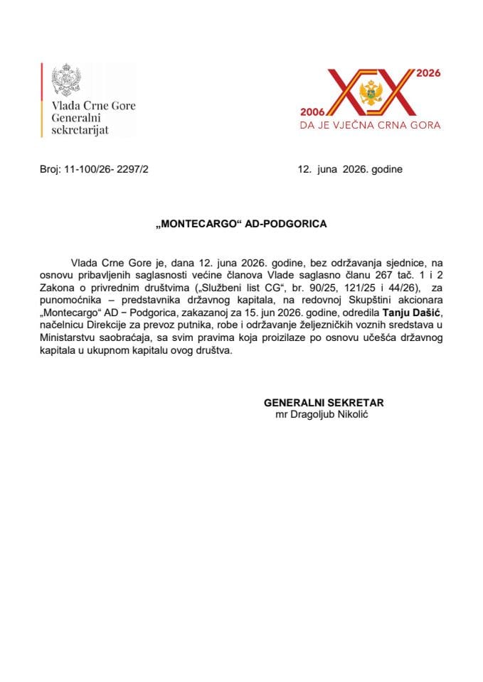 Predlog za određivanje punomoćnika – predstavnika državnog kapitala na redovnoj Skupštini akcionara „Montecargo“ AD – Podgorica