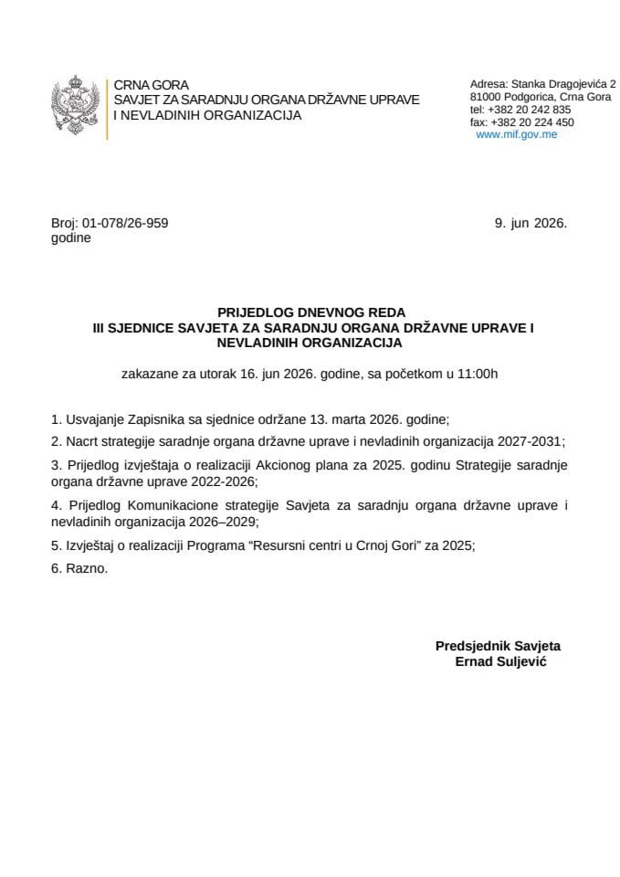 Prijedlog dnevnog reda - III redovna sjednica Savjeta za saradnju organa državne uprave i NVO