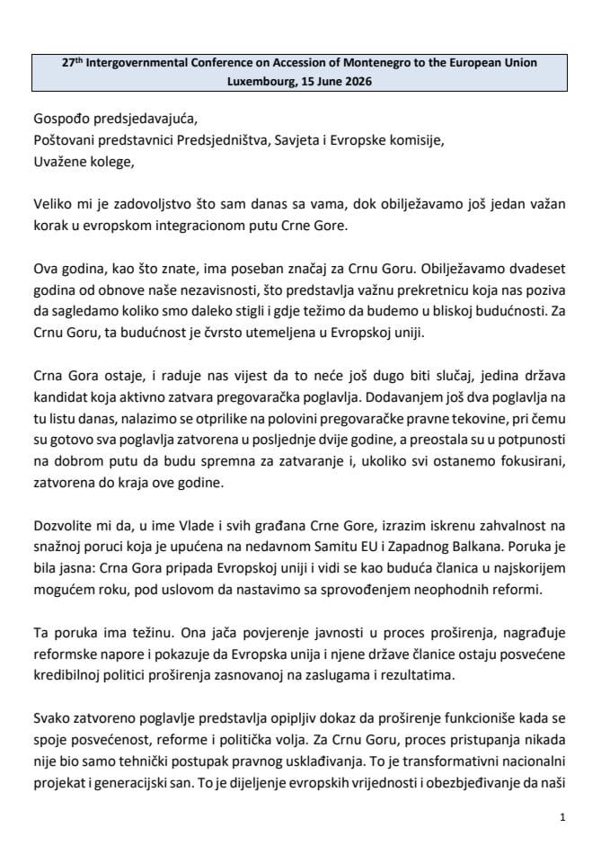 Obraćanje predsjednika Vlade Crne Gore Milojka Spajića na Međuvladinoj konferenciji u Luksemburgu