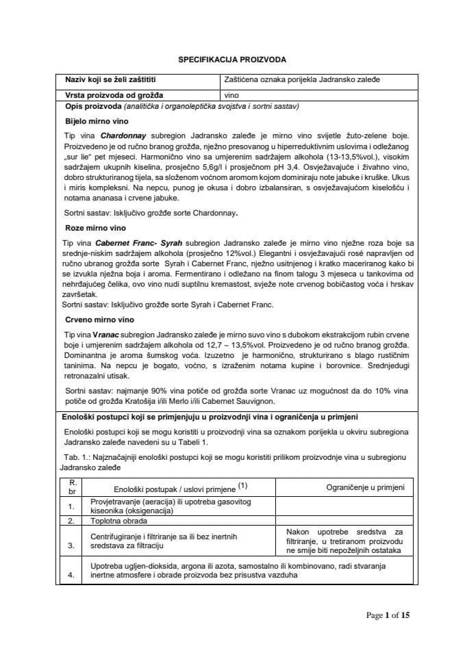 Specifikacija proizvoda za oznaku porijekla vina Jadransko zaleđe