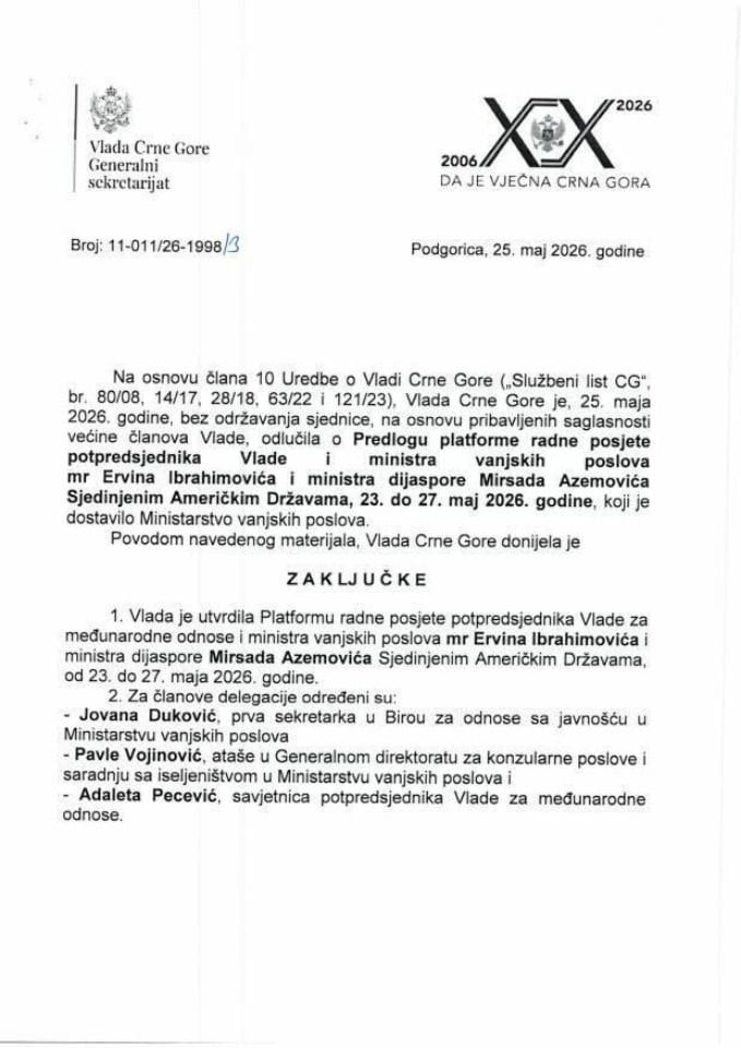 Предлог платформе за радну посјету потпредсједника Владе и министра вањских послова мр Ервина Ибрахимовића и министра дијаспоре Мирсада Аземовића Сједињеним Америчким Државама, 23-27. мај 2026. године - Закључци