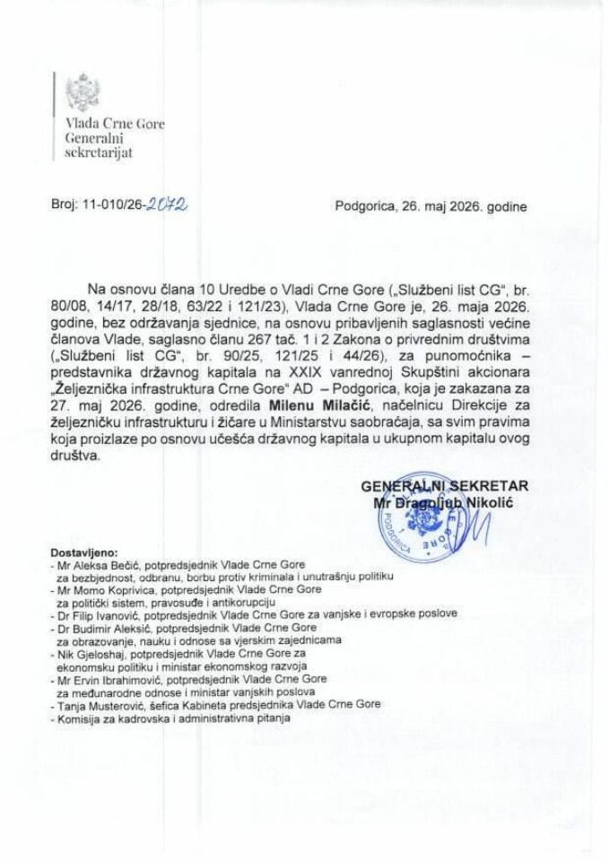 Predlog za određivanje punomoćnika – predstavnika državnog kapitala na XXIX vanrednoj Skupštini akcionara „Željeznička infrastruktura Crne Gore“ AD Podgorica - Zaključci