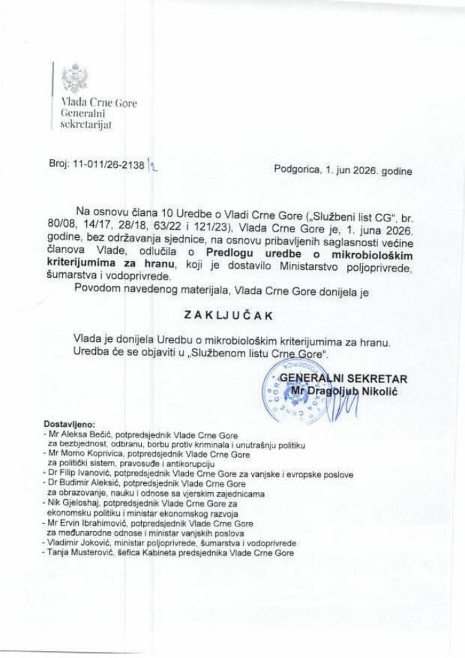 Predlog uredbe o mikrobiološkim kriterijumima za hranu - Zaključci