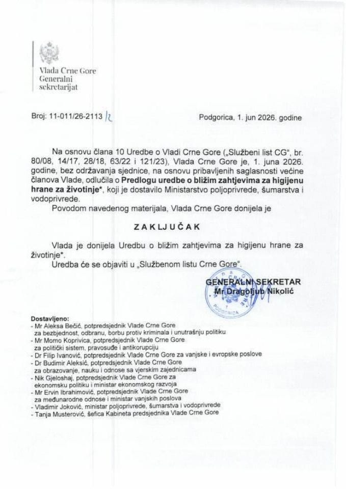Predlog uredbe o bližim zahtjevima za higijenu hrane za životinje - Zaključci