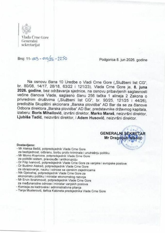 Kadrovska pitanja - 08. jun 2026. godine - Zaključci