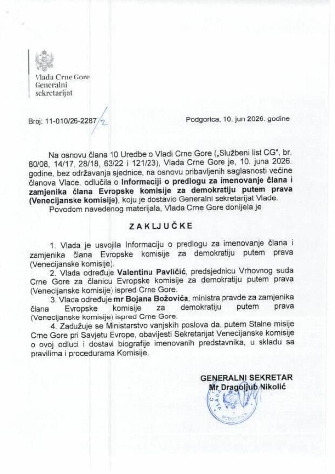 Informacija o predlogu za imenovanje člana i zamjenika člana Evropske komisije za demokratiju putem prava (Venecijanske komisije) - Zaključci