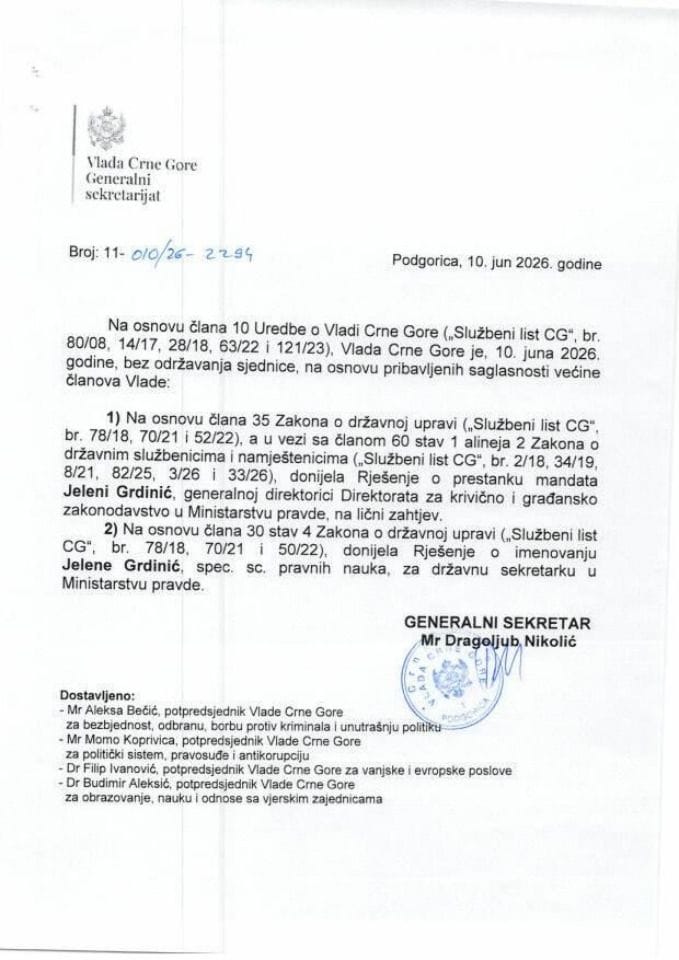 Kadrovska pitanja - 10. jun 2026. godine - Zaključci