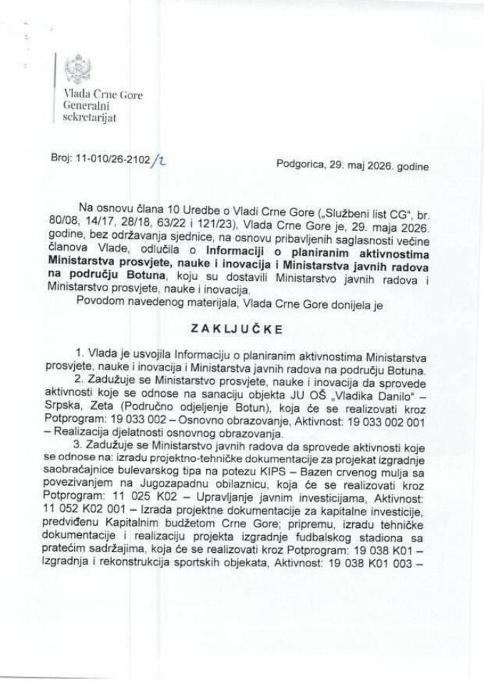 Informacija o planiranim aktivnostima Ministarstva prosvjete, nauke i inovacija i Ministarstva javnih radova na području Botuna - Zaključci
