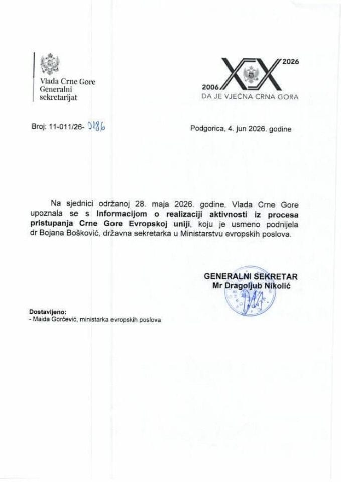 Usmena informacija o realizaciji aktivnosti iz procesa pristupanja Crne Gore Evropskoj uniji - Zaključci