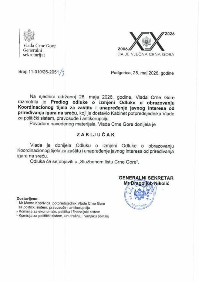 Predlog odluke o izmjeni Odluke o obrazovanju Koordinacionog tijela za zaštitu i unapređenje javnog interesa u oblasti priređivanja igara na sreću - Zaključci