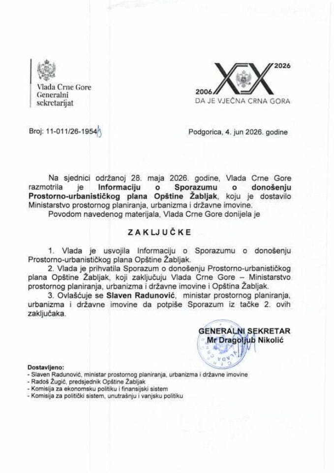 Информација о Споразуму о доношењу Просторно-урбанистичког плана Општине Жабљак - Закључци