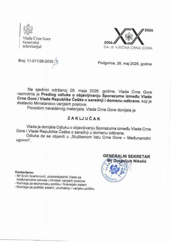 Predlog odluke o objavljivanju Sporazuma između Vlade Crne Gore i Vlade Republike Češke o saradnji u domenu odbrane - Zaključci