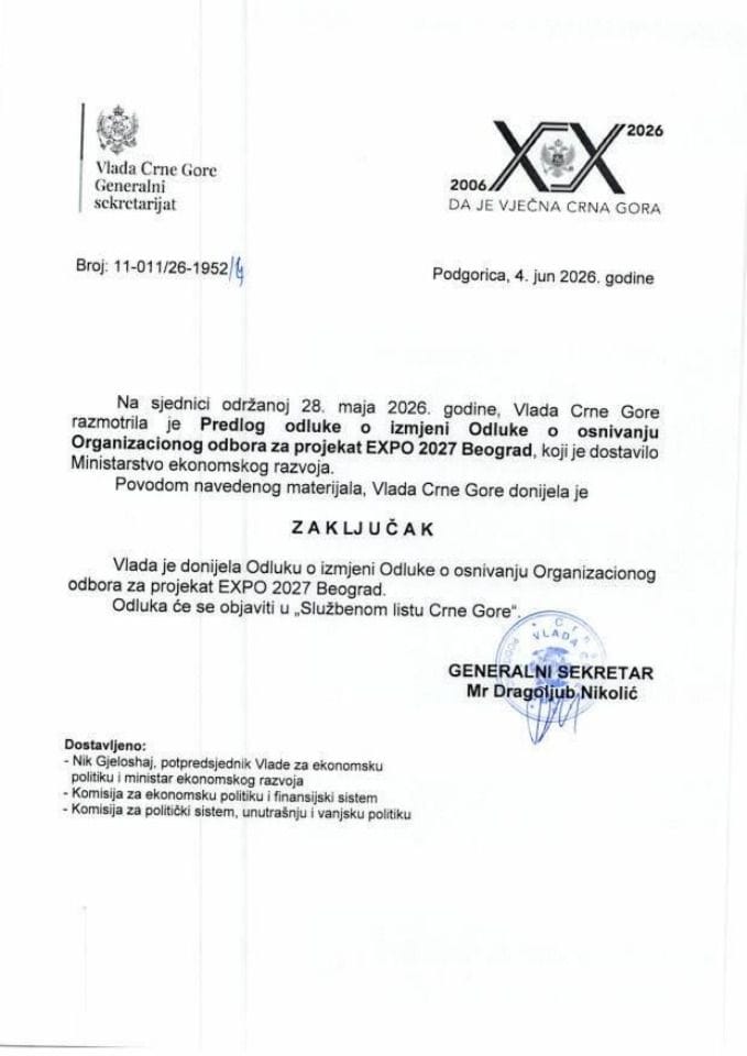 Predlog odluke o izmjeni Odluke o osnivanju Organizacionog odbora za projekat EXPO 2027 Beograd - Zaključci