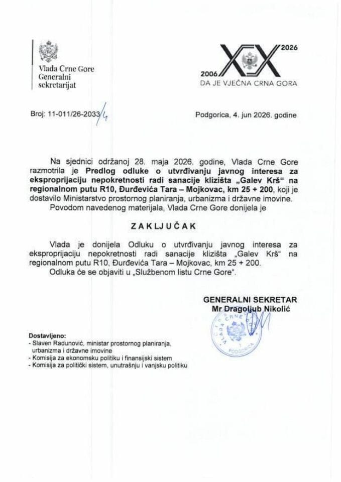 Predlog odluke o utvrđivanju javnog interesa za eksproprijaciju nepokretnosti radi sanacije klizišta „Galev Krš“ na regionalnom putu R10, Đurđevića Tara – Mojkovac, km 25+200 - Zaključci