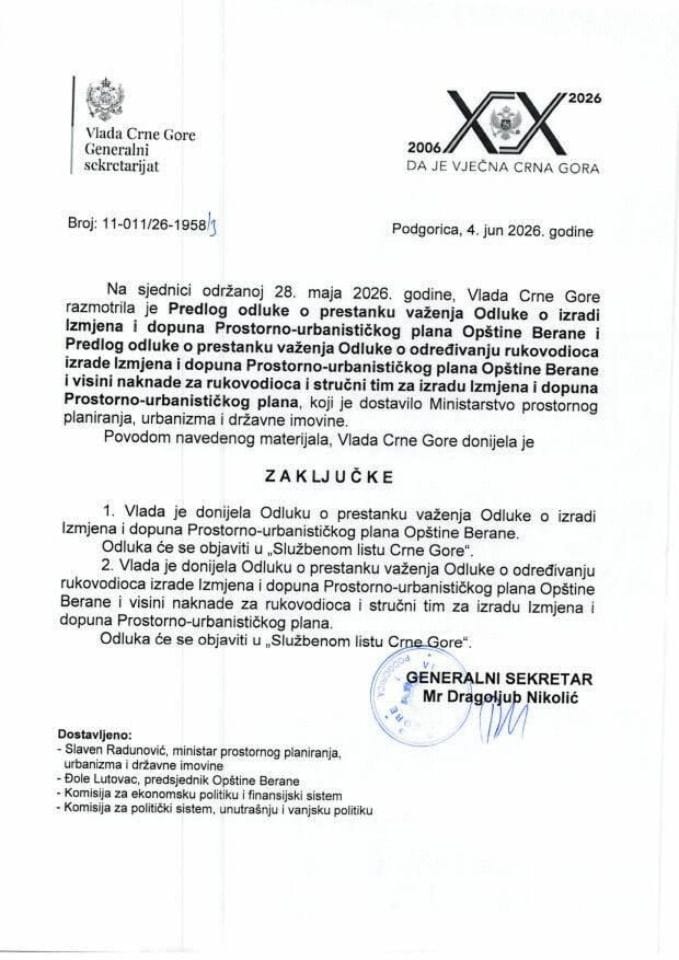 Predlog odluke o prestanku važenja Odluke o izradi Izmjena i dopuna Prostorno-urbanističkog plana Opštine Berane - Zaključci