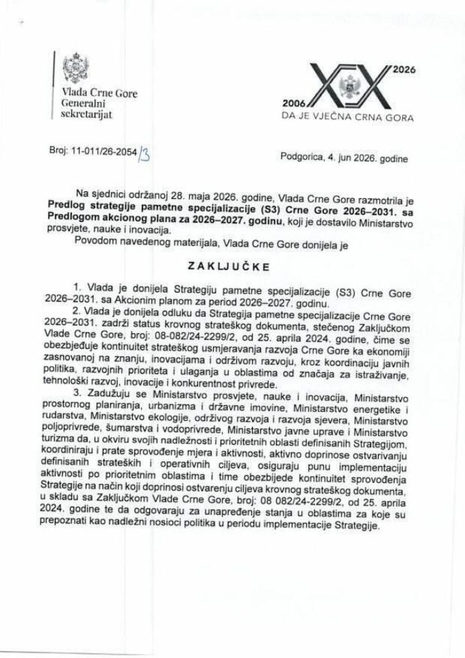 Predlog strategije pametne specijalizacije (S3) Crne Gore 2026-2031 sa Predlogom akcionog plana za 2026-2027. godinu - Zaključci