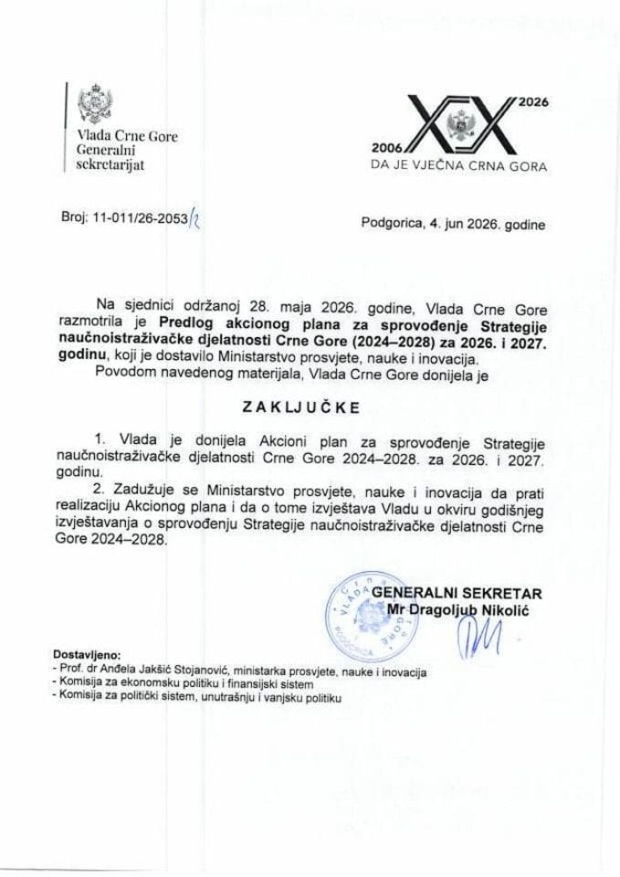 Predlog akcionog plana za sprovođenje Strategije naučnoistraživačke djelatnosti Crne Gore (2024 – 2028) za 2026. i 2027. godinu - Zaključci