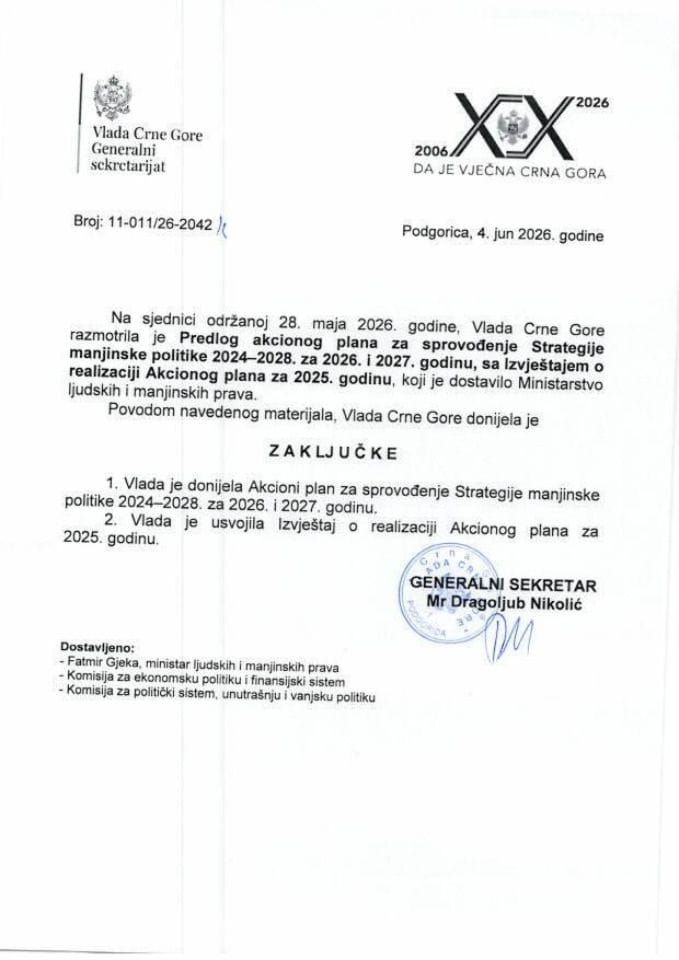Predlog akcionog plana za sprovođenje Strategije manjinske politike 2024-2028. za 2026. i 2027. godinu, sa Izvještajem o realizaciji Akcionog plana za 2025. godinu - Zaključci