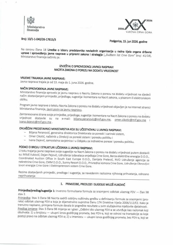 Izvještaj o sprovedenoj javnoj raspravi za Nacrt Zakona o porezu na dodatu vrijednost