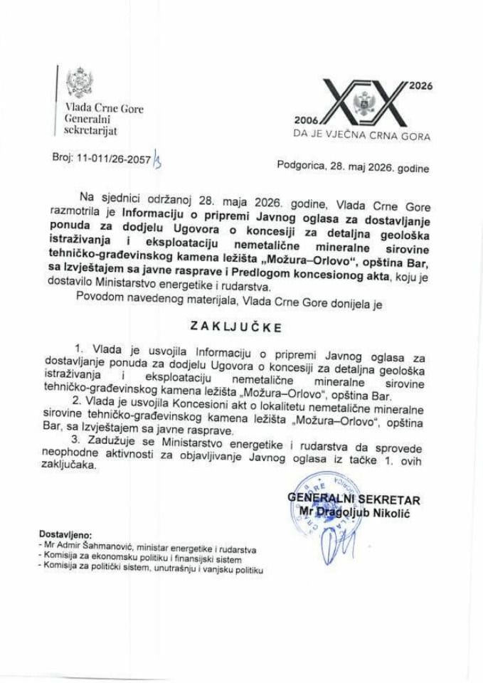 Informacija o pripremi Javnog oglasa za dostavljanje ponuda za dodjelu Ugovora o koncesiji za detaljna geološka istraživanja i eksploataciju nemetalične mineralne sirovine tehničko-građevinskog kamena ležišta „Možura-Orlovo“, opština Bar - Zaključci