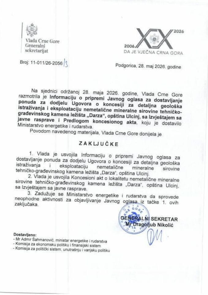Informacija o pripremi Javnog oglasa za dostavljanje ponuda za dodjelu Ugovora o koncesiji za detaljna geološka istraživanja i eksploataciju nemetalične mineralne sirovine tehničko-građevinskog kamena ležišta „Darza“, opština Ulcinj - Zaključci