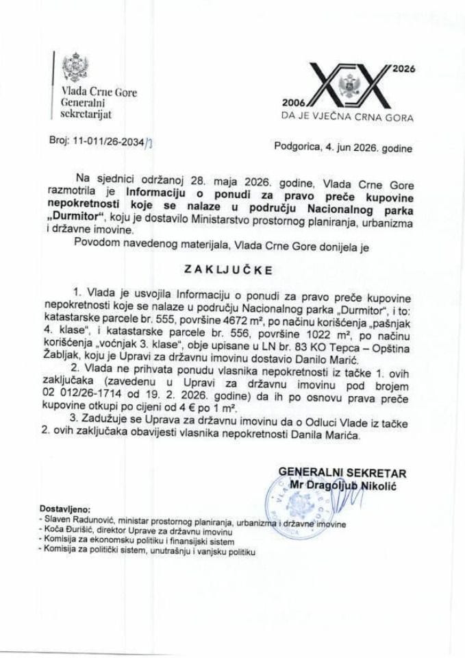 Informacija o ponudi za pravo preče kupovine nepokretnosti koje se nalaze u području Nacionalnog parka „Durmitor“ - Zaključci