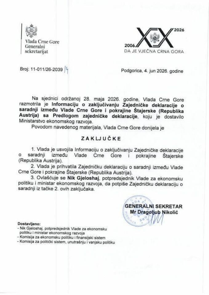Информација о закључивању Заједничке декларације о сарадњи између Владе Црне Горе и покрајине Штајерске (Република Аустрија) са Предлогом заједничке декларације - Закључци