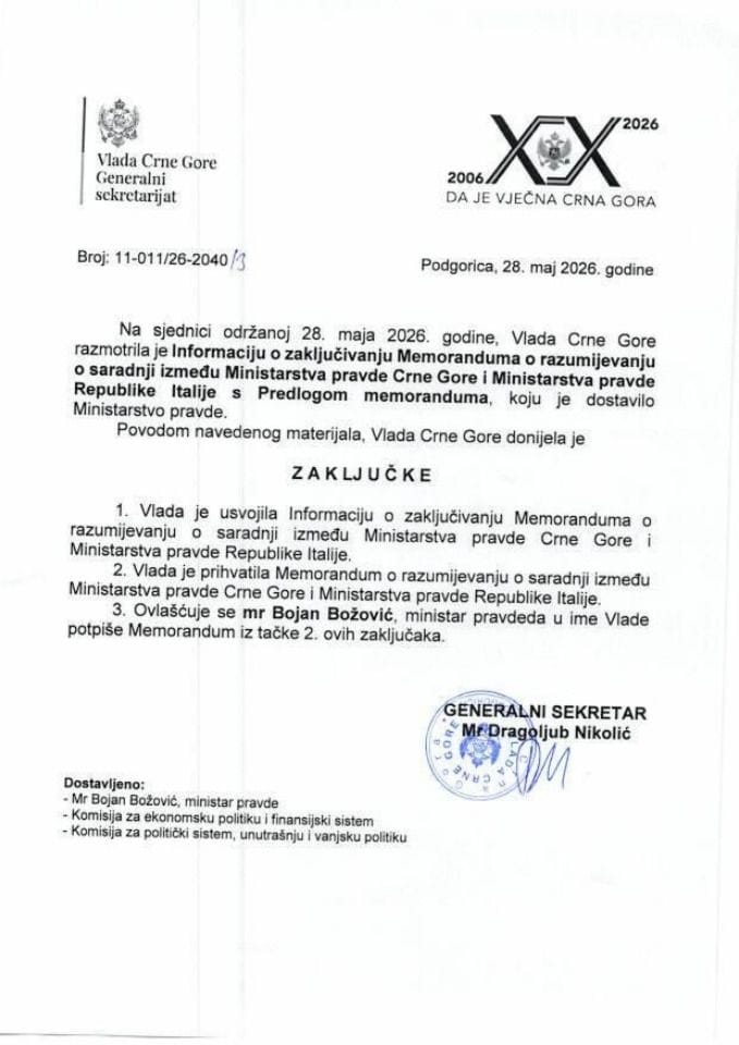 Informacija o zaključivanju Memoranduma o razumijevanju o saradnji između Ministarstva pravde Crne Gore i Ministarstva pravde Republike Italije s Predlogom memoranduma - Zaključci