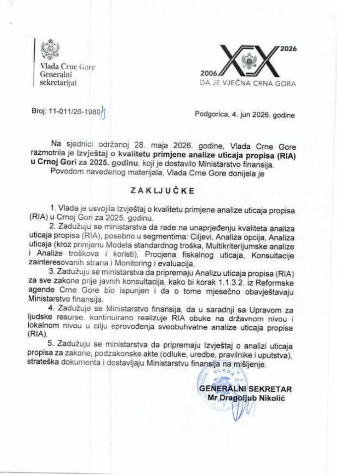 Izvještaj o kvalitetu primjene analize uticaja propisa (RIA) u Crnoj Gori za 2025. godinu - Zaključci
